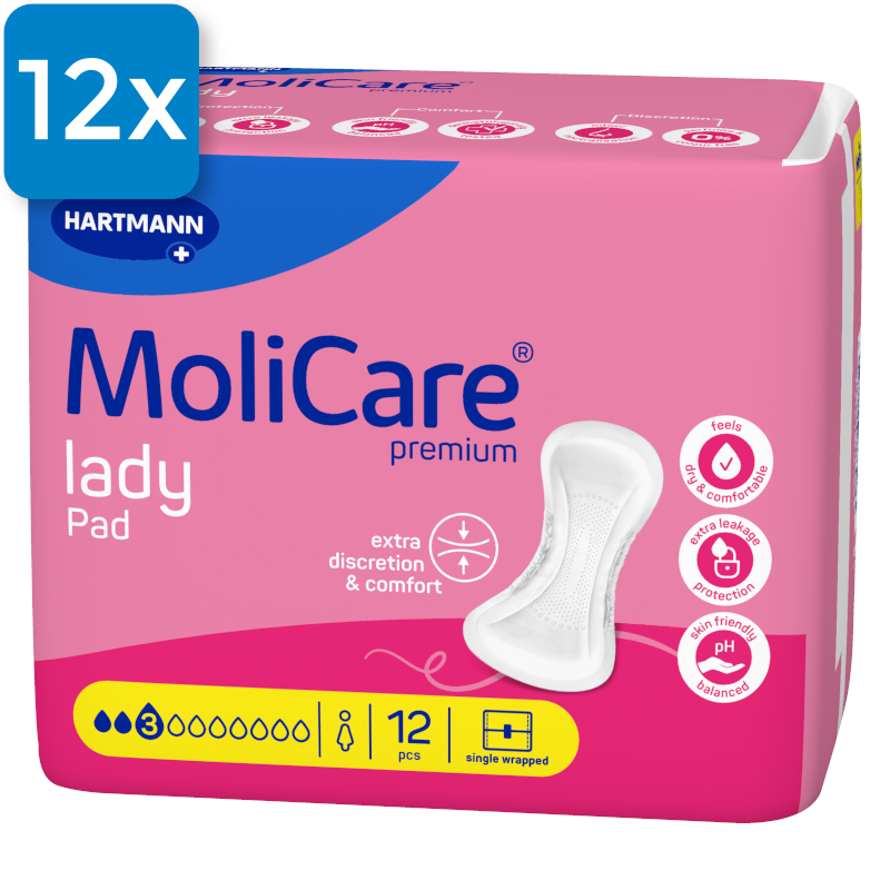 Die Vorderseite einer Packung Molicare Premium Lady Pad 3 Tropfen. Oben links ist ein blaues Viereck mit der Aufschrift "12x", welche aussagt, dass zwölf Packungen in einem Karton enthalten sind.